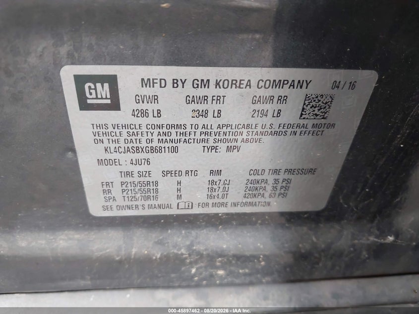 BUICK ENCORE 2016 VIN KL4CJASBXGB681100