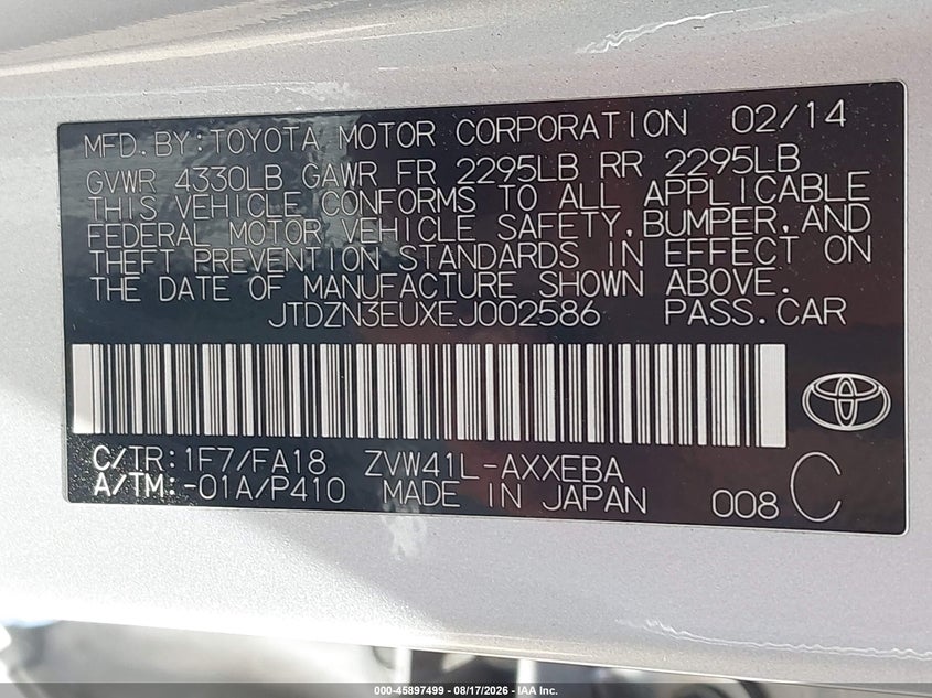 TOYOTA PRIUS V 2014 VIN JTDZN3EUXEJ002586