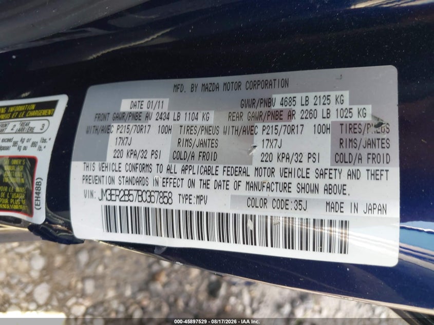MAZDA CX-7 2011 VIN JM3ER2B57B0367858