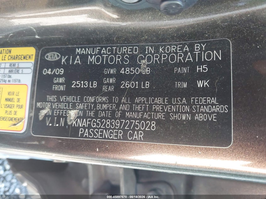 KIA RONDO 2009 VIN KNAFG528397275028