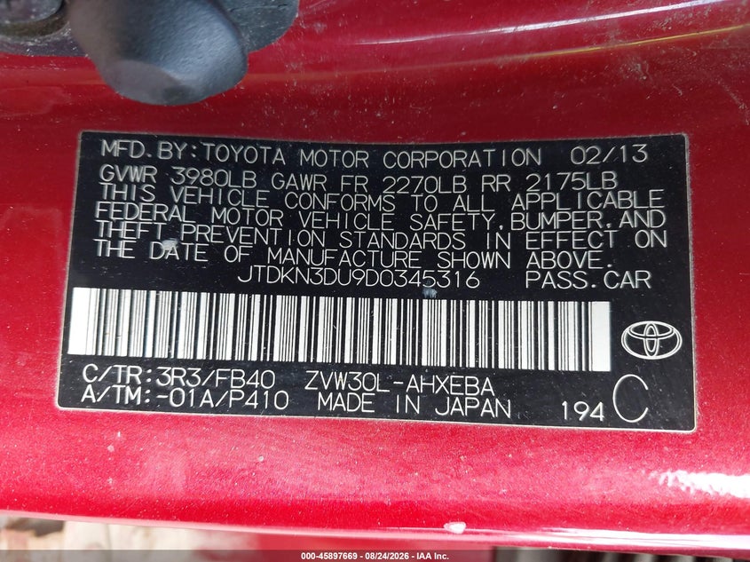 TOYOTA PRIUS 2013 VIN JTDKN3DU9D0345316