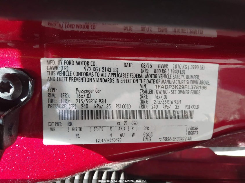2015 FORD FOCUS HATCHBACK 2.0L I-4 DI, DOHC, VVT, 160HP