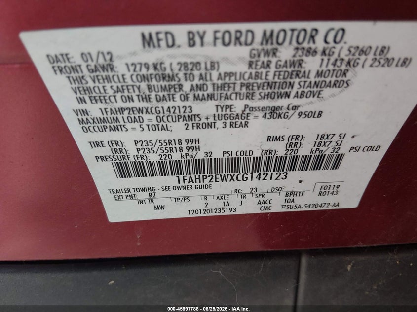 2012 FORD TAURUS SEDAN 3.5L V-6 DOHC, VVT, 263HP