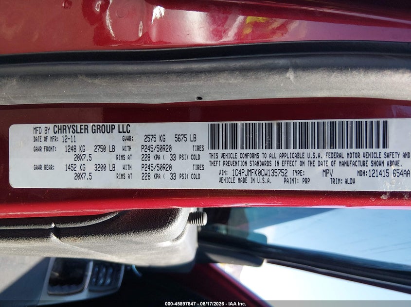 JEEP LIBERTY 2012 VIN 1C4PJMFK0CW135752