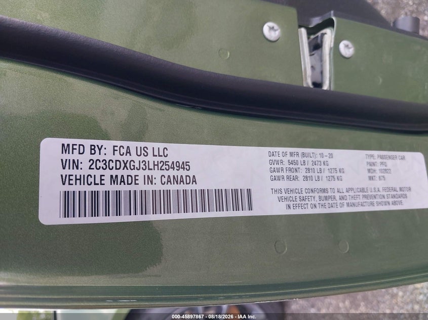 DODGE CHARGER 2020 VIN 2C3CDXGJ3LH254945