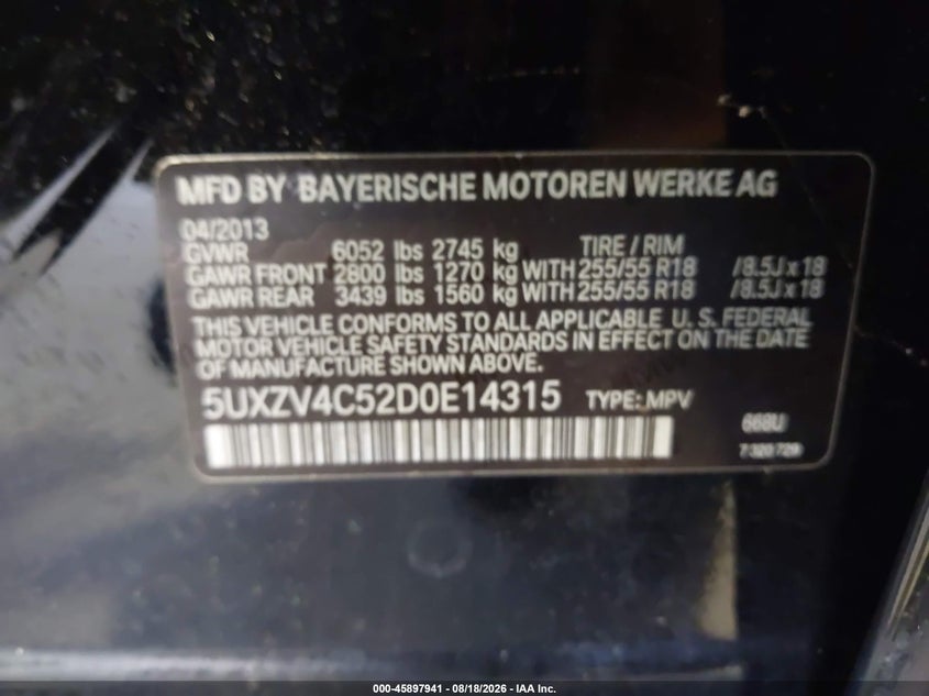 BMW X5 2013 VIN 5UXZV4C52D0E14315
