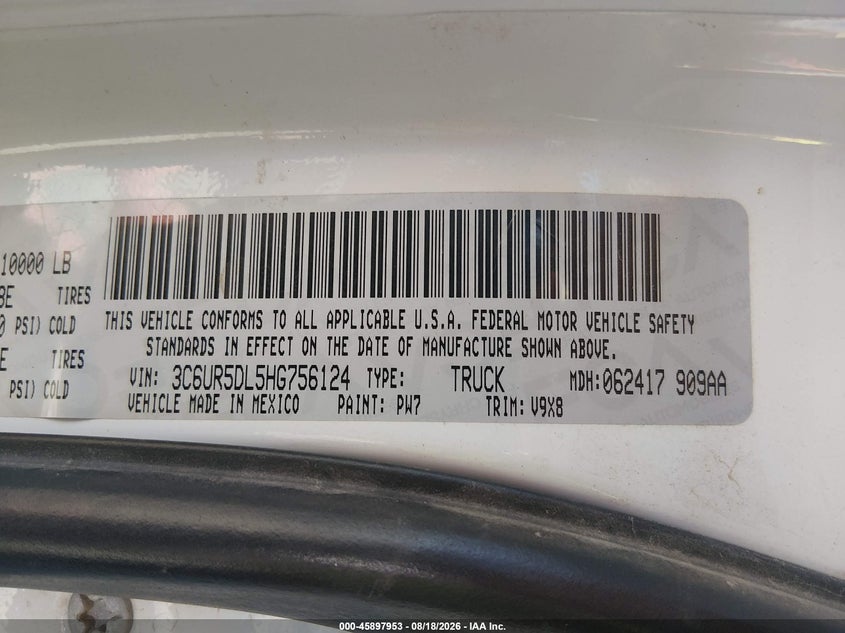 RAM 2500 2017 VIN 3C6UR5DL5HG756124