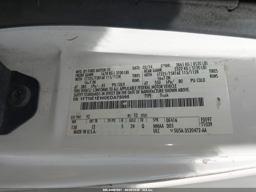 FORD E-150 2014 VIN 1FTNE1EW0EDA75095