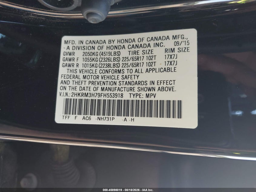 HONDA CR-V 2015 VIN 2HKRM3H79FH553918