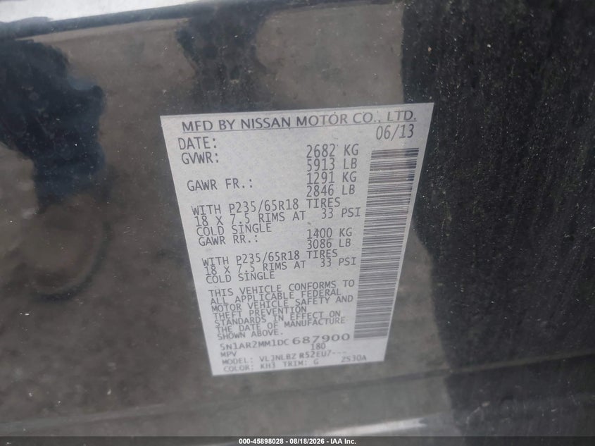 NISSAN PATHFINDER 2013 VIN 5N1AR2MM1DC687900