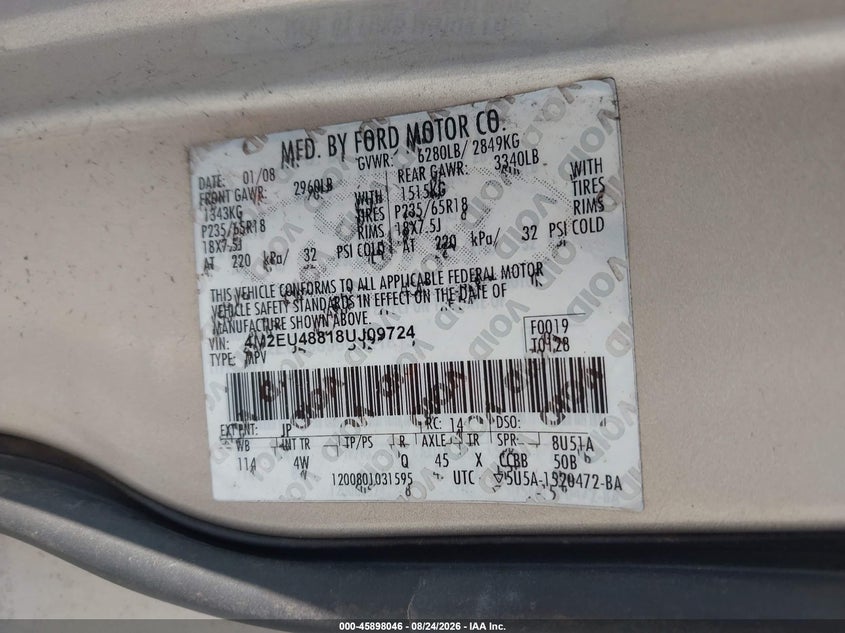 MERCURY MOUNTAINEER 2008 VIN 4M2EU48818UJ09724