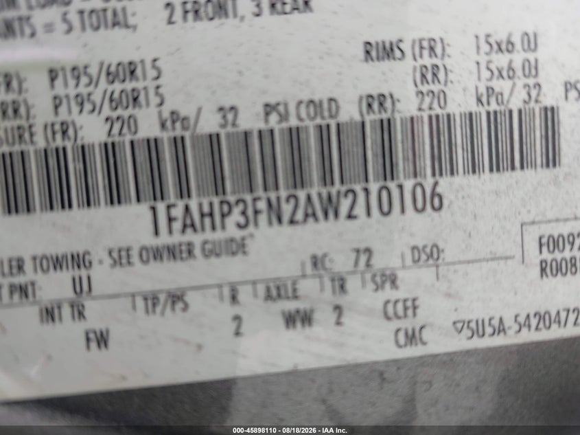 2010 FORD FOCUS SEDAN 2.0L I-4 DOHC, 140HP