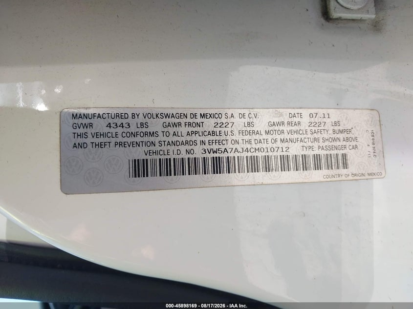 2012 VOLKSWAGEN JETTA SEDAN 2.0L I-4 DI, DOHC, VVT, TURBO, 200HP