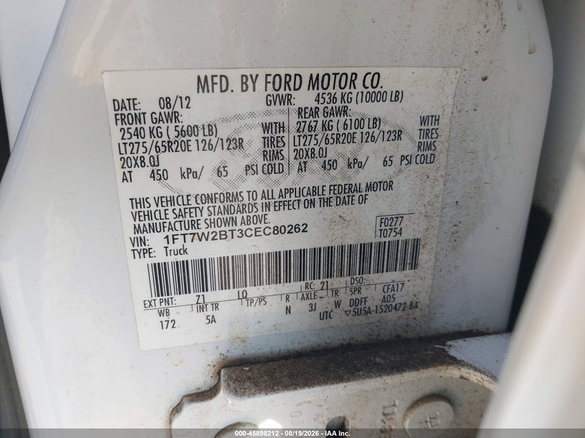 FORD F-250 2012 VIN 1FT7W2BT3CEC80262