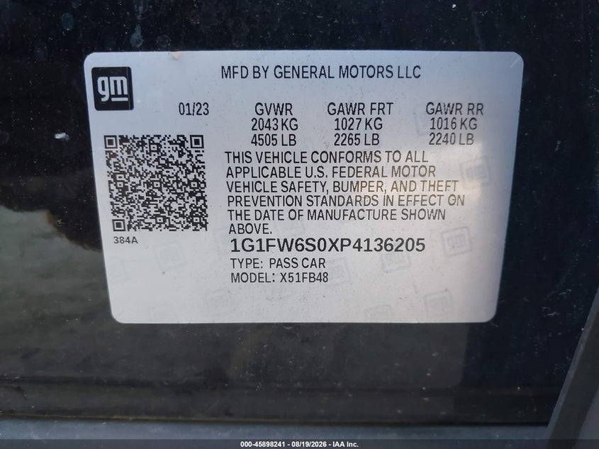 CHEVROLET BOLT EV 2023 VIN 1G1FW6S0XP4136205
