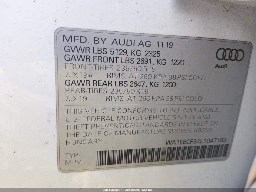 AUDI Q3 2020 VIN WA1EECF34L1047163