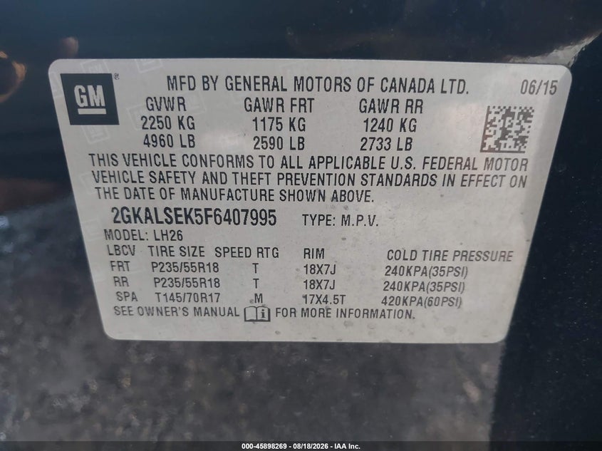 2015 GMC TERRAIN SPORT UTILITY VEHICLE 2.4L I-4 DI, DOHC, VVT, 182HP
