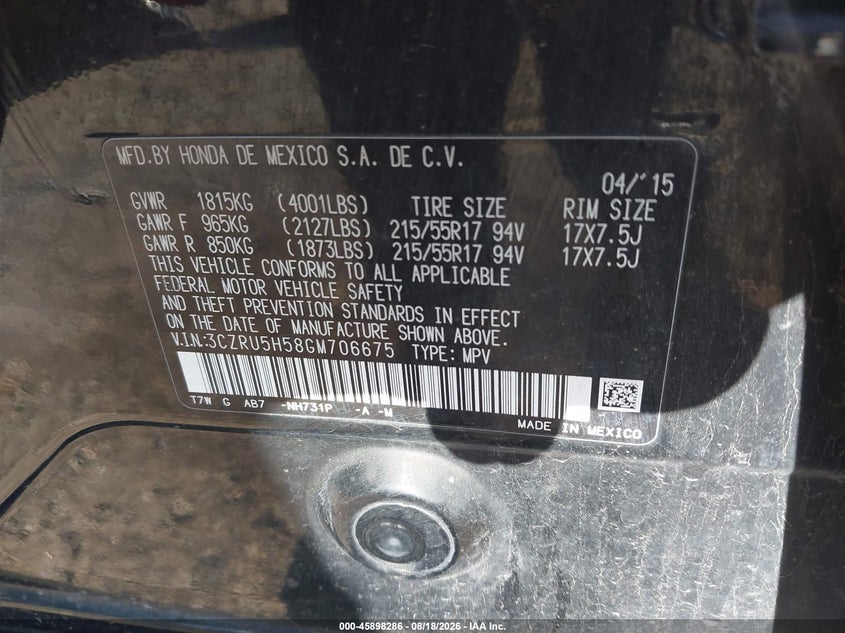HONDA HR-V 2016 VIN 3CZRU5H58GM706675