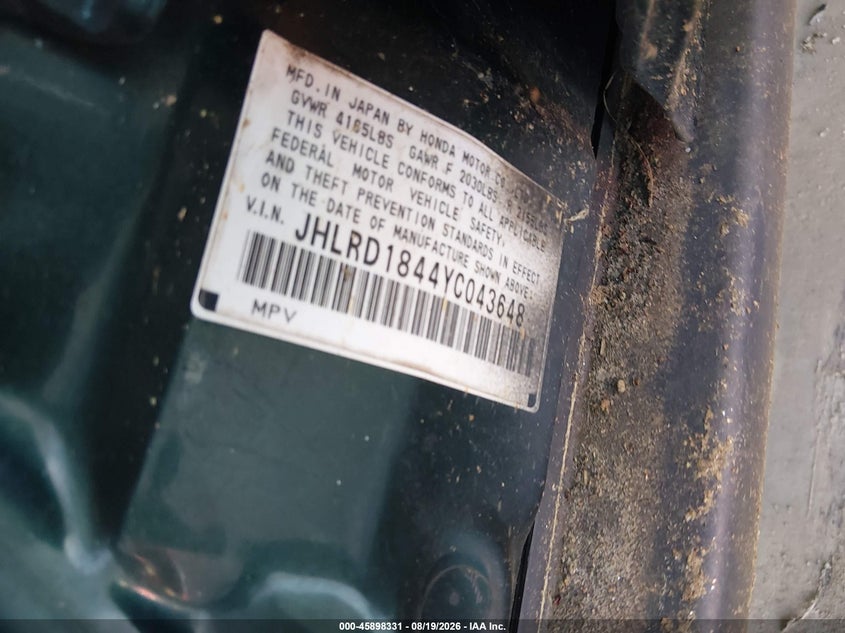 HONDA CR-V 2000 VIN JHLRD1844YC043648