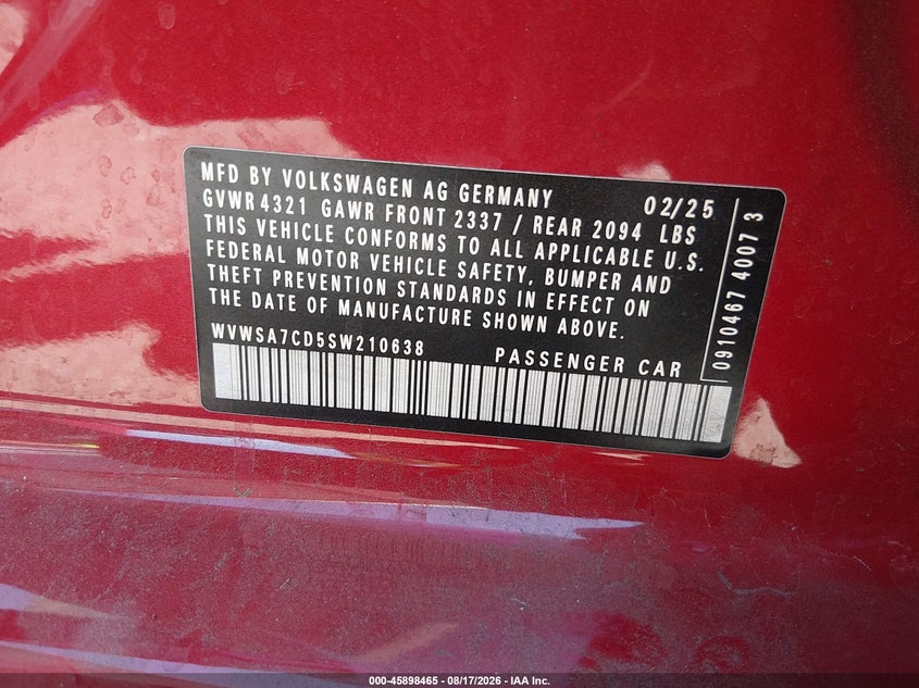 VOLKSWAGEN GOLF GTI 2025 VIN WVWSA7CD5SW210638