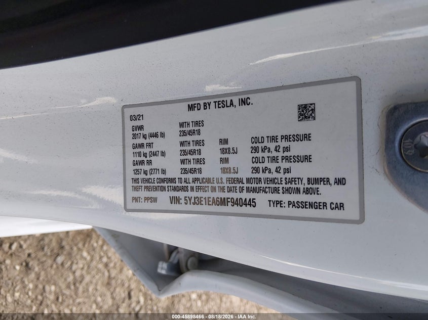 TESLA MODEL 3 2021 VIN 5YJ3E1EA6MF940445