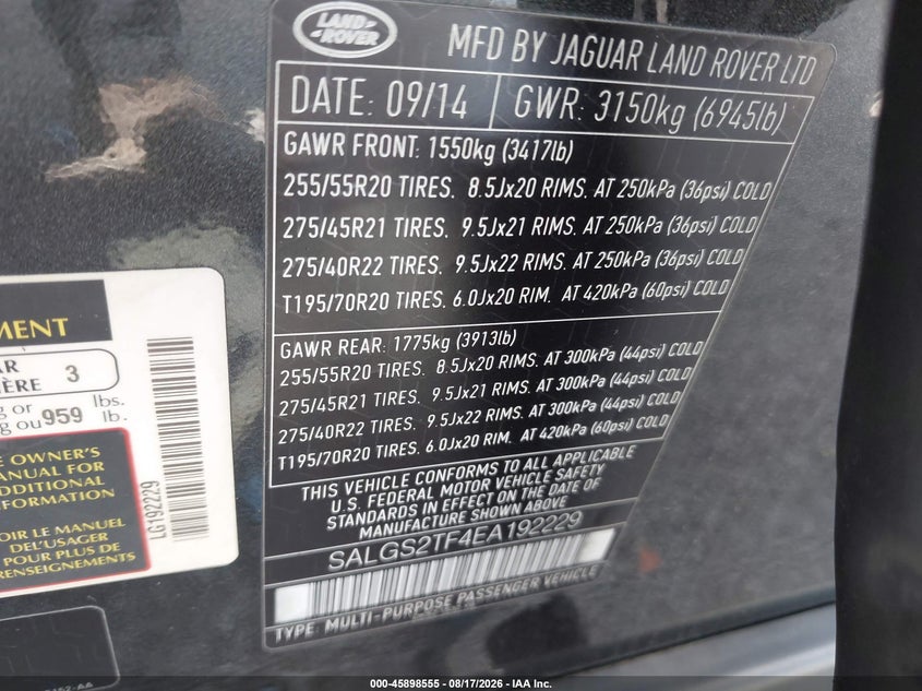 LAND-ROVER RANGE ROVER 2014 VIN SALGS2TF4EA192229