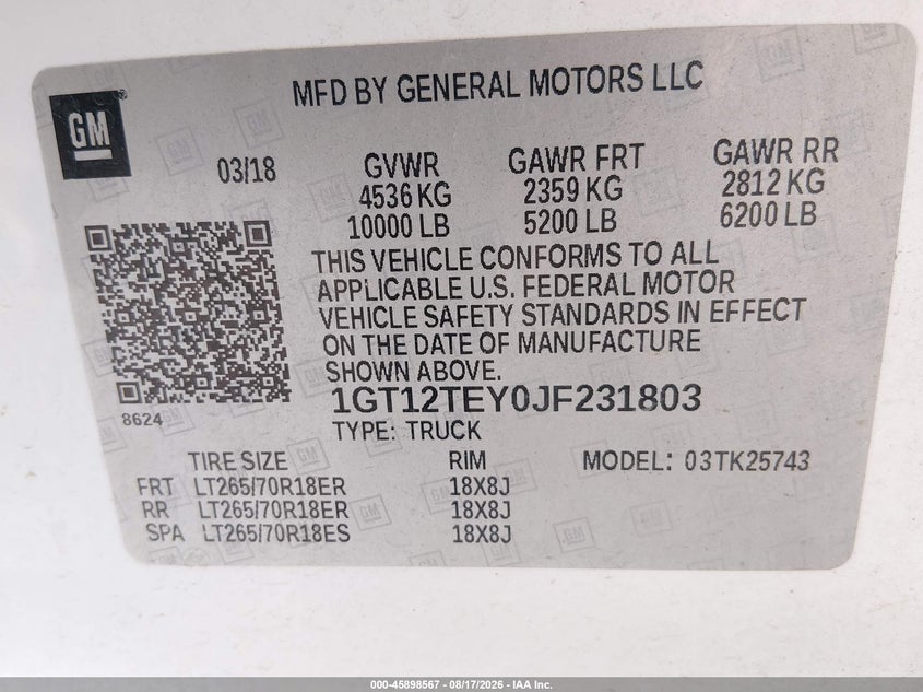 GMC SIERRA 2500HD 2018 VIN 1GT12TEY0JF231803