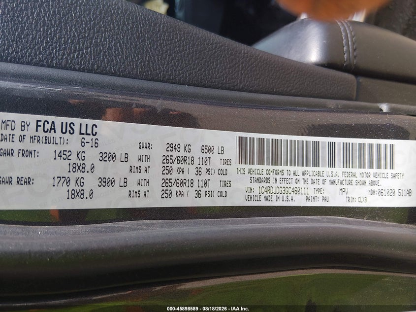 DODGE DURANGO 2016 VIN 1C4RDJDG3GC460111