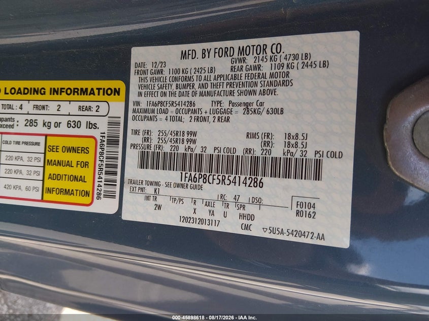 FORD MUSTANG 2024 VIN 1FA6P8CF5R5414286
