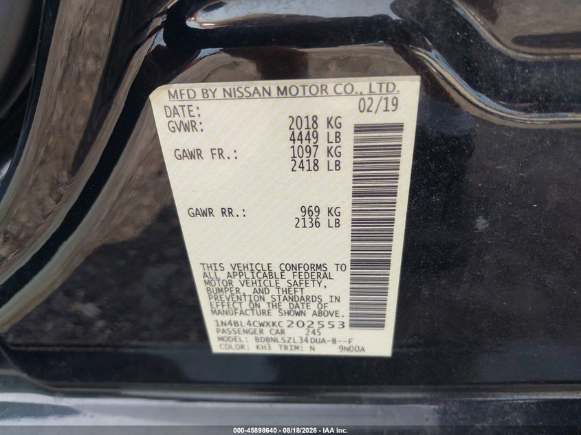 NISSAN ALTIMA 2019 VIN 1N4BL4CWXKC202553