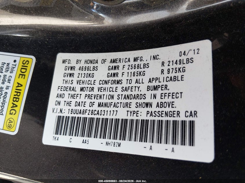 2012 ACURA TL SEDAN 3.5L V-6 VVT, 280HP