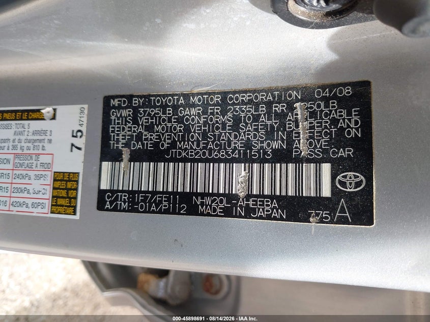 TOYOTA PRIUS 2008 VIN JTDKB20U683411513