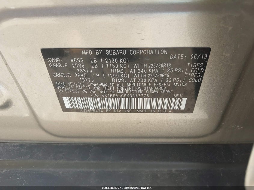 SUBARU OUTBACK 2019 VIN 4S4BSAJC9K3377778