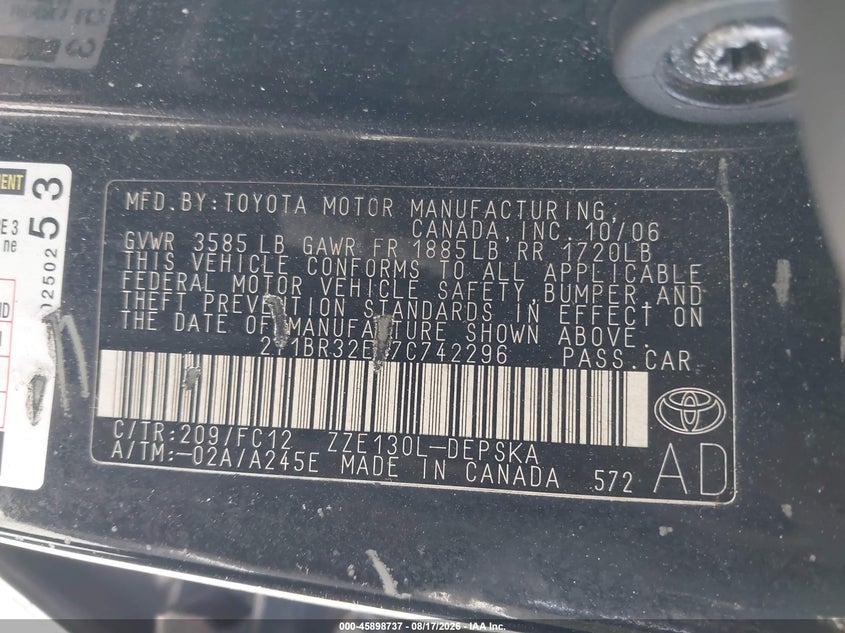 2007 TOYOTA COROLLA SEDAN 1.8L I-4 DOHC, VVT, 126HP
