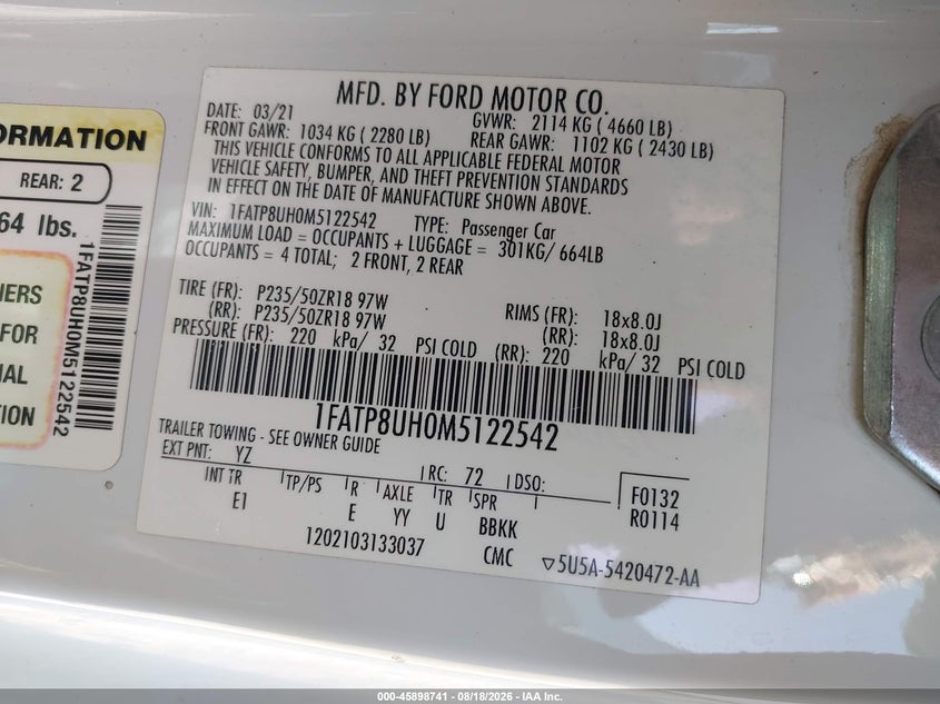 FORD MUSTANG 2021 VIN 1FATP8UH0M5122542