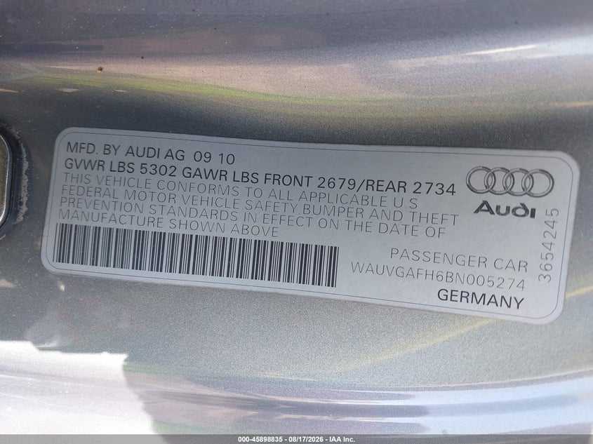 AUDI S5 2011 VIN WAUVGAFH6BN005274