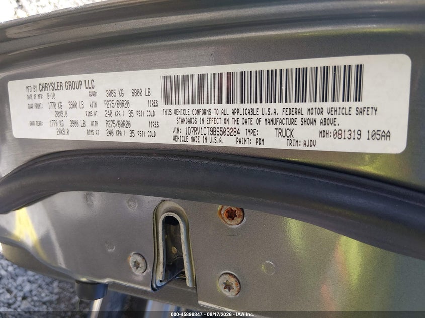 RAM RAM 1500 2011 VIN 1D7RV1CT9BS503284