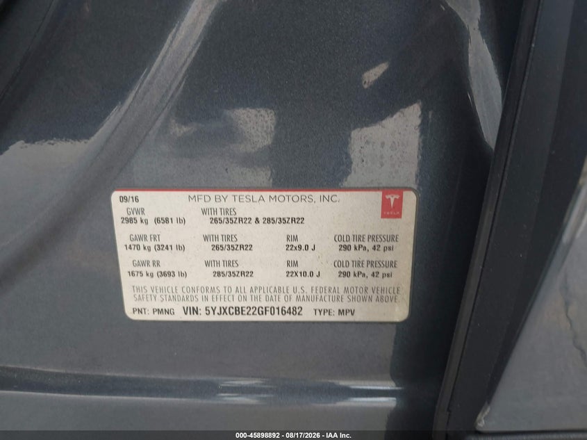 TESLA MODEL X 2016 VIN 5YJXCBE22GF016482