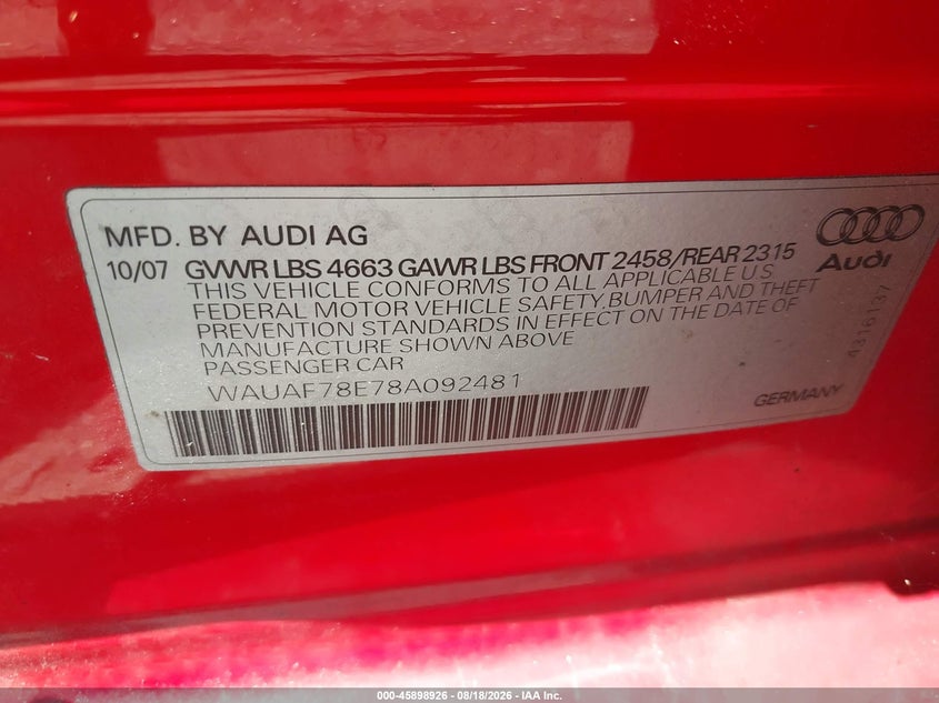 2008 AUDI A4 SEDAN 2.0L I-4 DI, DOHC, VVT, TURBO, 200HP