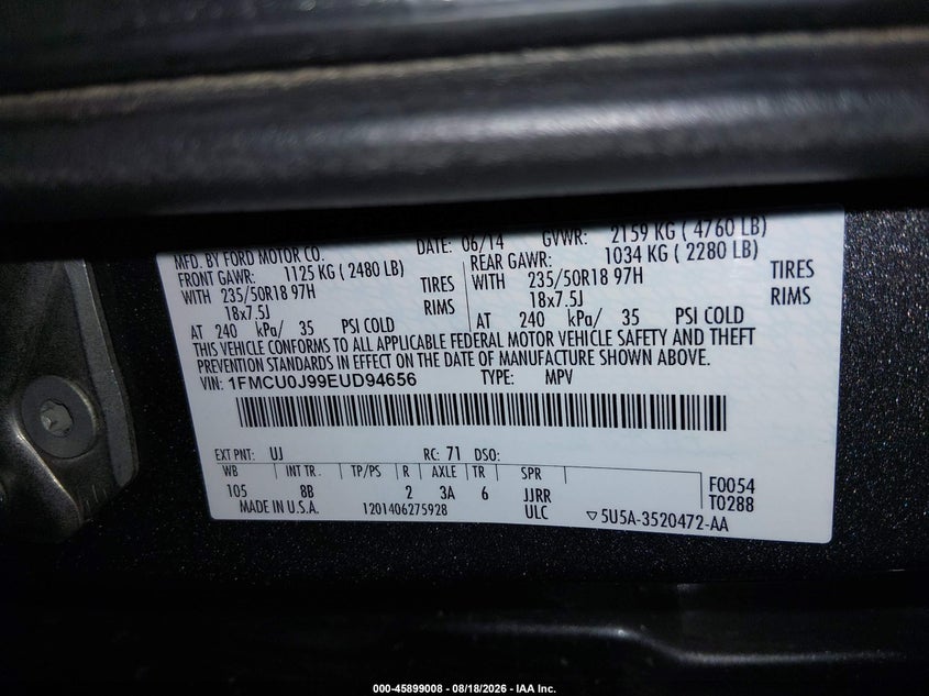2014 FORD ESCAPE SPORT UTILITY VEHICLE 2.0L I4 FI DOHC 16V NF4
