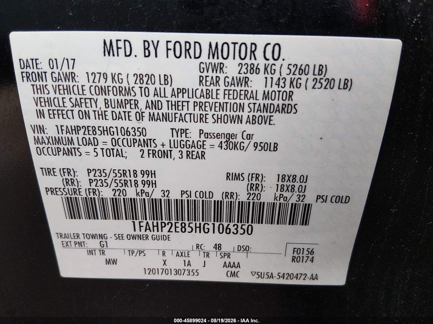 FORD TAURUS 2017 VIN 1FAHP2E85HG106350