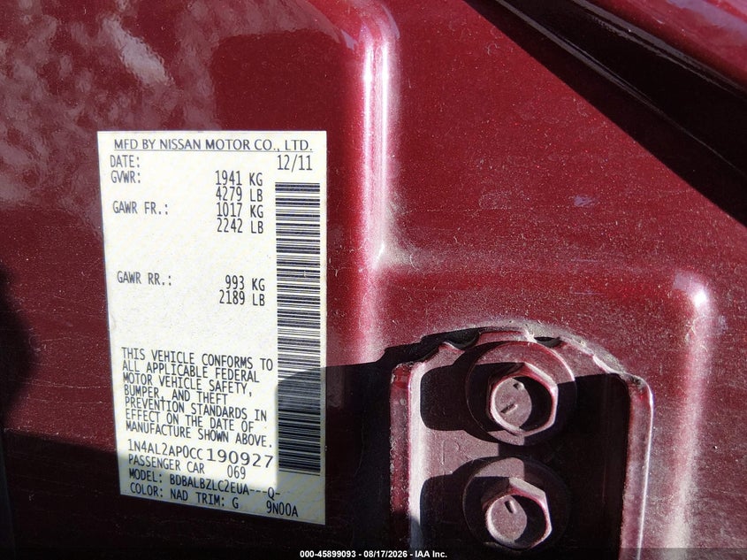 NISSAN ALTIMA 2012 VIN 1N4AL2AP0CC190927