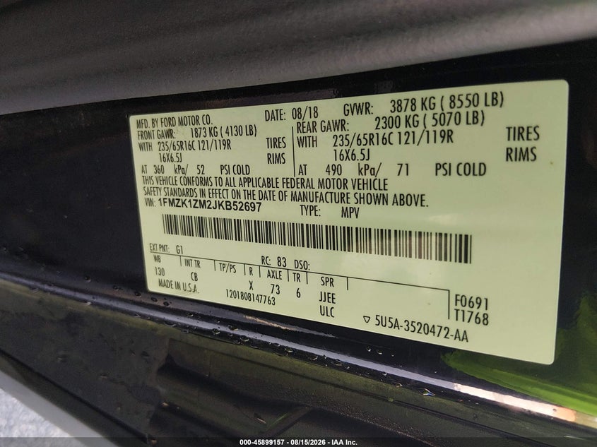 FORD TRANSIT-150 2018 VIN 1FMZK1ZM2JKB52697