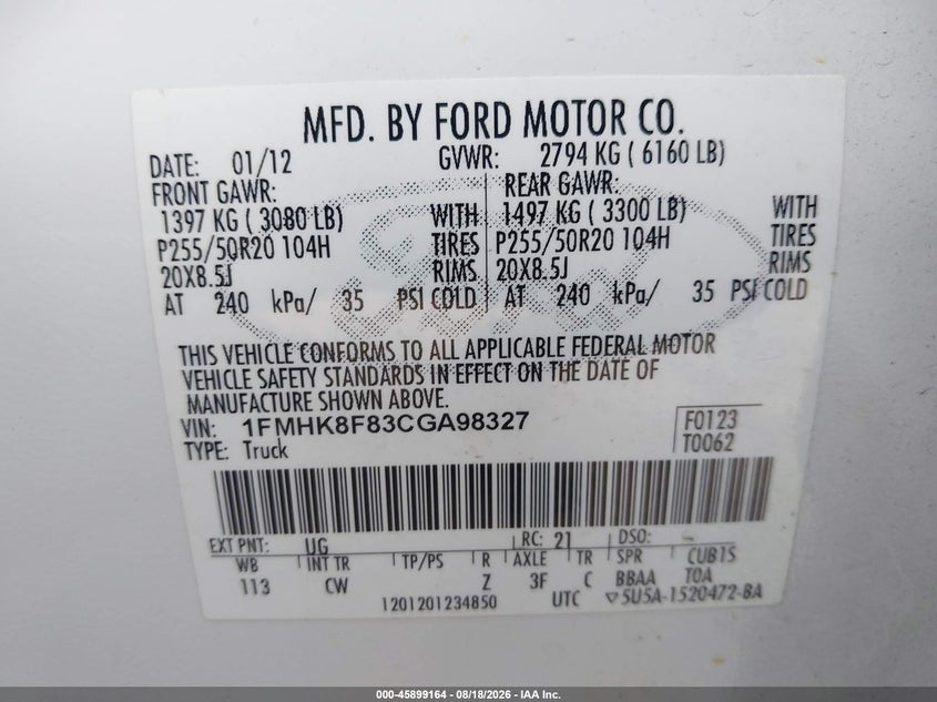 FORD EXPLORER 2012 VIN 1FMHK8F83CGA98327