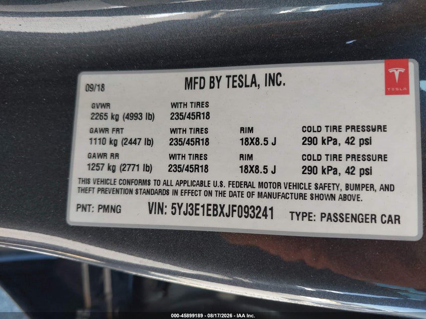 TESLA MODEL 3 2018 VIN 5YJ3E1EBXJF093241