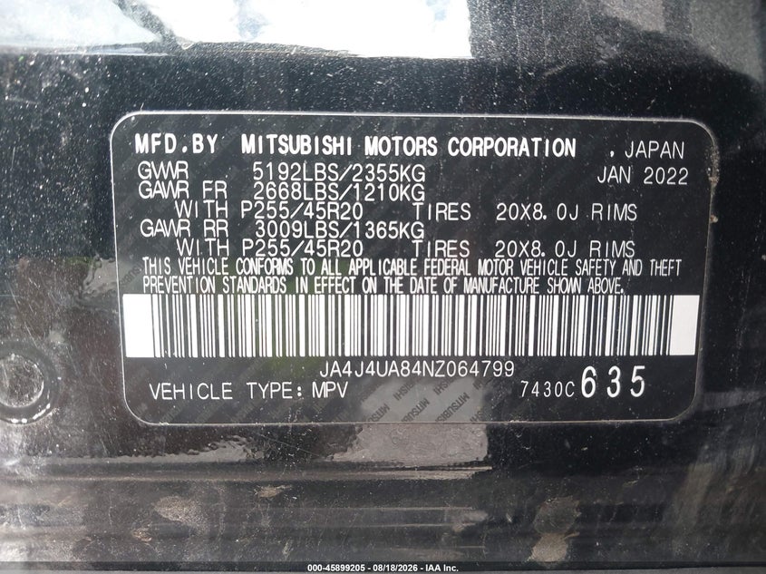 MITSUBISHI OUTLANDER 2022 VIN JA4J4UA84NZ064799