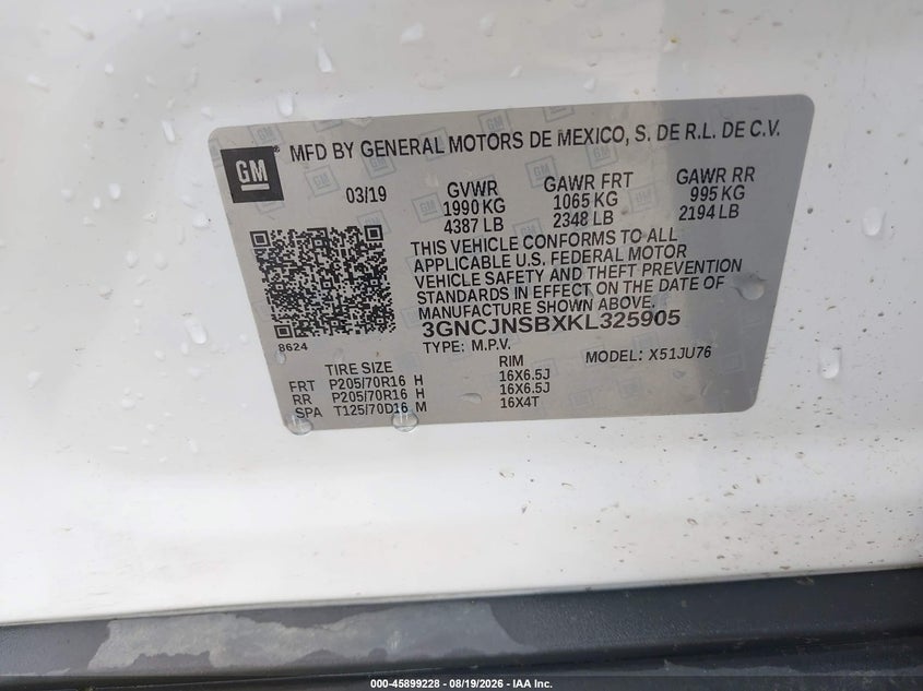 CHEVROLET TRAX 2019 VIN 3GNCJNSBXKL325905