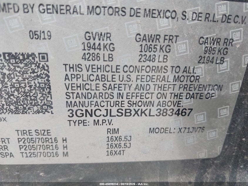 CHEVROLET TRAX 2019 VIN 3GNCJLSBXKL383467