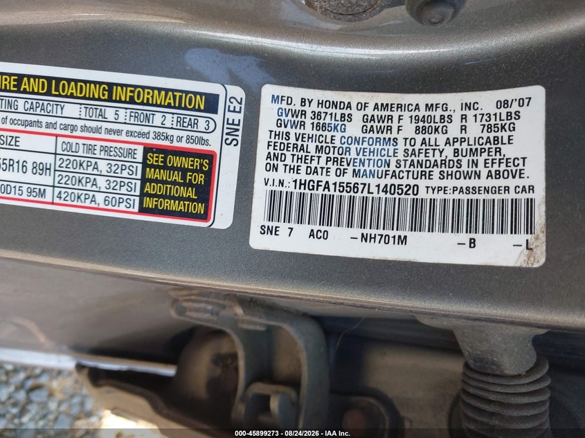 HONDA CIVIC 2007 VIN 1HGFA15567L140520