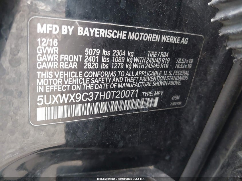 BMW X3 2017 VIN 5UXWX9C37H0T20071